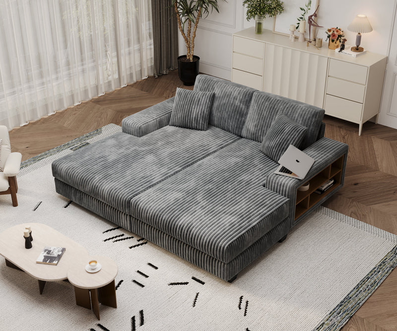 Convertible combination sofa, corduroy fabric, fluffy modern sleeper sofa chair, oversized combination living room double lounge chair,Dark Grey