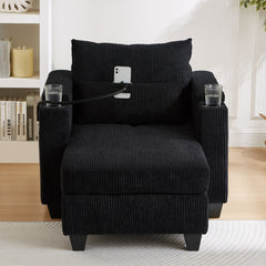 Convertible Chaise Lounge Sofa Chair Bed with USB Ports, Cup Holders & Storage, Black Corduroy, 37.4'