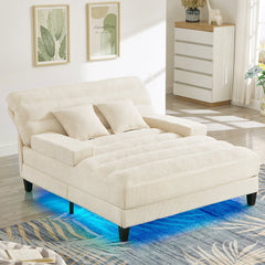 Modern Chaise Lounge Sofa 57.1' Sofa Bed Chenille Upholstered Lounge Sofa Chair with Adjustable Backrest and LED Light Strip, Beige