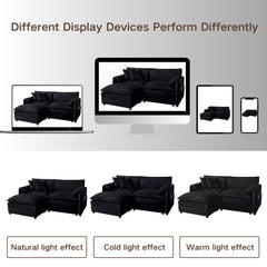 Modern Chenille Deep Seat Sectional Sofa Cloud Couch with Ottoman, Comfy Love Seat Upholstered Modular L Shaped Couch, Black