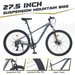 27.5 Inch Wheels 8 Speed Mountain Bike, for Men Women Boys and Girls, Front Suspension, Steel Frame