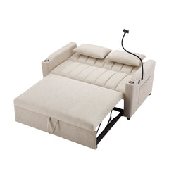 Convertible Sofa Bed Loveseat with USB Ports, Side Pockets, Cup Holders, Swivel Phone Holder, Beige, Bella Fabric