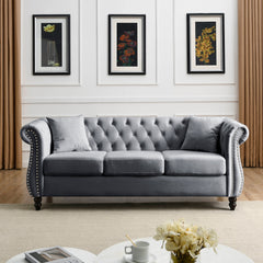 [Video] 80' Chesterfield Sofa Grey Velvet for Living Room, 3 Seater Sofa Tufted Couch with Rolled Arms and Nailhead for Living Room, Bedroom, Office, Apartment, two pillowsW834S00009