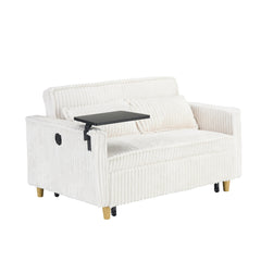 The pull-out and push-in beige corduroy sofa with dual functions, equipped with a movable tabletop and USB ports, is suitable for use in living rooms and bedrooms.