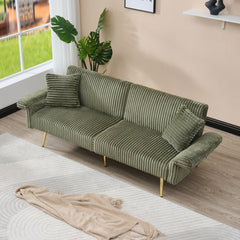 Modern Corduroy Sofa Bed, Foldable Double Sofa with Armrests, Green Velvet, 79 Inch