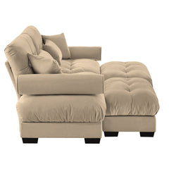 Modern Camel Velvet Two-Seater Sofa with Ottoman and Round Bolster Armrests