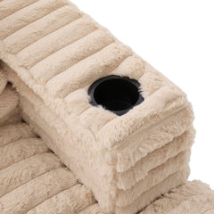 Plush Upholstered Oversized Double Chaise Lounge Sofa with USB Ports and Cup Holders, Champagne, Faux Rabbit Fur, 83.5'