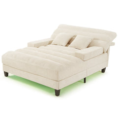 Modern Chaise Lounge Sofa 57.1' Sofa Bed Chenille Upholstered Lounge Sofa Chair with Adjustable Backrest and LED Light Strip, Beige