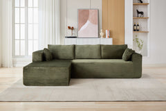 Compression Sectional Couch with Comfy Chaise, Boneless L Shape Sofa with Deep Seat, Minimalist Modular Couches Sleeper for Living Room Bedroom Apartment Lounge,corduroy,Green