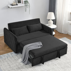 55' Modern Convertible Sofa Bed with 2 Detachable Arm Pockets, Velvet Loveseat Sofa with Pull Out Bed, 2 Pillows and Living Room Adjustable Backrest, Grid Design Armrests