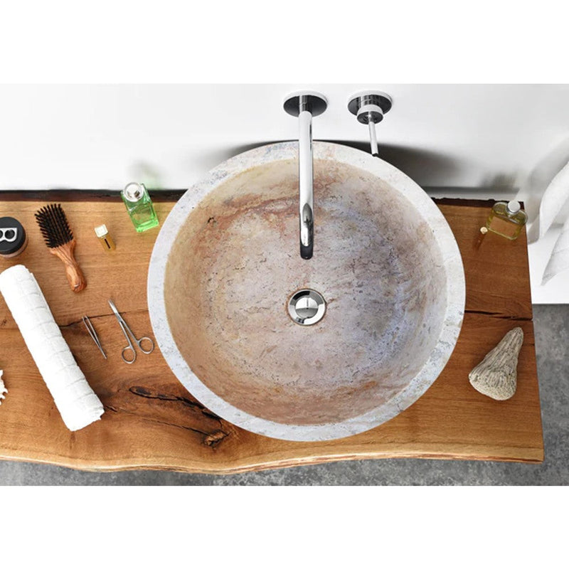 Natural Stone Beige Travertine Self-Rimming Drop-in Vessel Sink Polished (D)16
