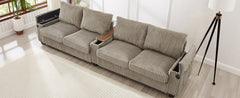 Modern 4-Seater Corduroy Sofa Couch with USB Ports, Hidden Storage Arms, and Flip-Top Cup Holders, Brown, 133 Inches