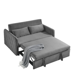 55' Modern Convertible Sofa Bed with 2 Detachable Arm Pockets, Velvet Loveseat Sofa with Pull Out Bed, 2 Pillows and Living Room Adjustable Backrest, Grid Design Armrests
