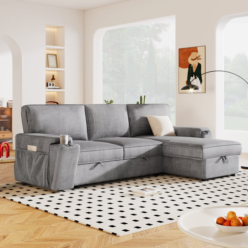 U_STYLE Upholstery Sleeper Sectional Sofa with Storage Bags and 2 cup holders  on Arms