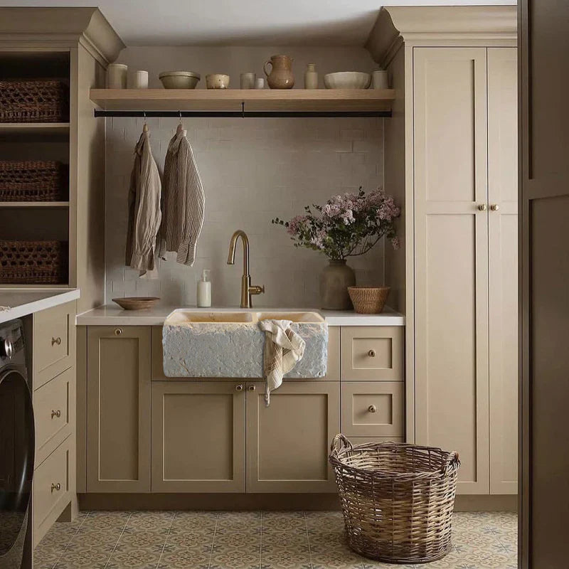 Botticino Beige Marble Farmhouse Apron Kitchen Double Sink (W)16