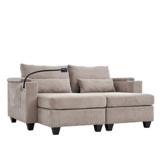 Convertible Chaise Lounge 63' Loveseat Sofa Bed with USB Ports, Cup Holders, Phone Holder, Storage, Brown Corduroy