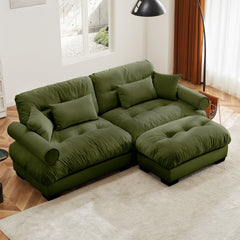 Modern Oversized Velvet Two-Seater Sofa with Ottoman and Round Bolster Armrests in Olive Green