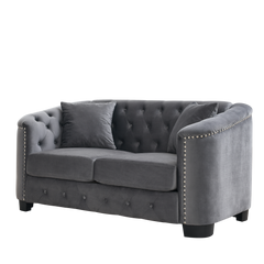 59-Inch Modern Chesterfield Velvet Sofa, 2-Seater Sofa, Upholstered Tufted Backrests with Nailhead Arms and 2 Cushions for Living Room, Bedroom, Apartment, Office (Grey)