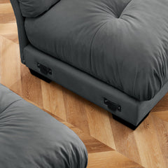Modern Grey Velvet Two-Seater Sofa with Ottoman and Round Bolster Armrests, L Shape for Living Room