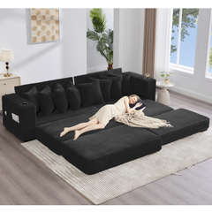 [NEW ARRIVED] [VIDEO PROVIDED] 110.75' Modular L Shaped Sofa, Corduroy Fabric Sectional Couch,With a movable footstool, Cup Holders,Bring 8 throw pillows,Side Pocket,Unfold into a Bed,Black