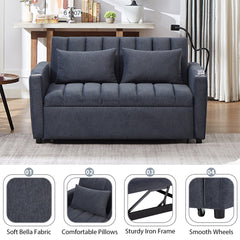 Convertible Sofa Bed Loveseat with USB Ports, Side Pockets, Cup Holders, and Phone Holder in Blue Grey Bella Fabric, 55.9'