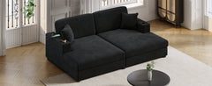 Oversized Loveseat Chaise Lounge Sectional Sofa Bed with USB Ports, Cup Holders, and Pillows, Black Corduroy