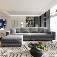 104.3 ' Plush Corduroy 4-Seat Sofa, Modern Comfy Upholstered Sofa Cloud Couch, Deep Seat Couches with Soft Pillows and 2 Ottomans, Convertible Sofa Lounge Chair, for Living Room,Apartment,Office,Grey