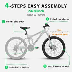 A2660 26 Inch Mountain Bike, 21-Speed Disc Brakes, Durable Frame, Front, Rear Dual-Shock Absorption, Unisex for Commuting, Travel, School, Mountain and City Road Cycling