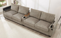 Modern 4-Seater Corduroy Sofa Couch with USB Ports, Hidden Storage Arms, and Flip-Top Cup Holders, Brown, 133 Inches