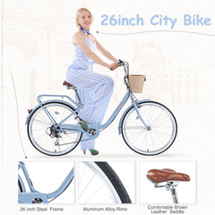 7 Speed City  Bike With  Basket , Steel Frame,Multiple Colors 26 Inch Girls Bicycle