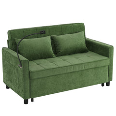 Convertible Loveseat Sofa Bed with Adjustable Backrest, USB Ports, Phone Holder, Side Pockets, Green Chenille, 56.9'