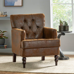 Vitality Club Chair with Button-tufted Diamond Stitching and Turned Legs, Brown