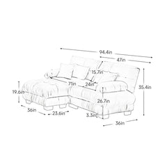 Cloud Couch Sectional Sofa for Living Room, Chenille 2 Seater Sofa with 2 Lumbar pillows and 2 throw pillows , Upholstered Wide Arm Sofa with Convertible Ottoman,Chenille Green