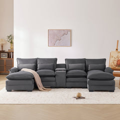 Modern U-shaped 6-Seat Sofa with Console, Cupholders, USB Ports, Velvet Upholstery in Gray