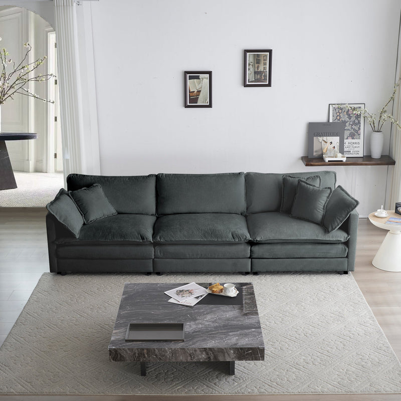 Mid-Century Modern Couch 3-Seater Sofa with 2 Armrest Pillows and 3 Toss Pillows, Couch for Living Room Gray Chenille