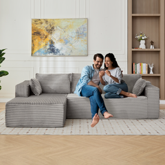 Compression Sectional Couch with Comfy Chaise, Boneless L Shape Sofa with Deep Seat, Minimalist Modular Couches Sleeper for Living Room Bedroom Apartment Lounge,corduroy,Grey
