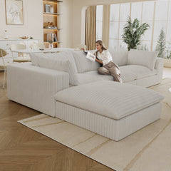 118.2' Cloud Sofa,Corduroy Fabric,Deep Seat Couches,Double-layer design,Removable Cushion,No Assembly, DIY Combination for Living room, Bedroom,Conference room ,Apartment,White