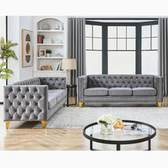 {Contact us for 3D modeling}  Velvet Sofa for Living Room,Buttons Tufted Square Arm Couch, Modern Couch Upholstered Button and Metal Legs, Sofa Couch for Bedroom, Grey Velvet .2PCS
