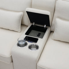 [VIDEO provided] [New] 114.2' Upholstered Sofa with Console, 2 Cupholders and 2 USB Ports Wired or Wirelessly Charged, Modern Linen Fabric Couches with 4 Pillows for Living Room, Apartment (4-Seat)