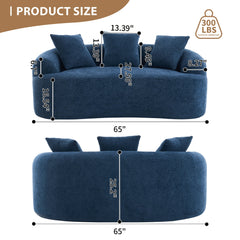 LY-025S Curved Loveseat Blue Full Compression Sponge Sofa, 30D Chenille No-Assembly Compact Sofa for Small Spaces & Apartments, 65'L, 300 lbs, 3 Pillows
