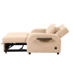 Versatile Pull Out Sofa Sleeper 3 in 1 with Wing Table & USB Charge, Beige Linen, Compact Design