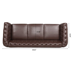 Dark Brown PU Rolled Arm Chesterfield Three Seater Sofa with Solid Wood Frame and Birch Legs