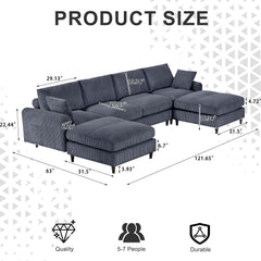 Modern corduroy modular section sofa, U-shaped convertible L-shaped sofa set with pillow, oversized sectional sofa with footstool, suitable for living room, attic, apartment, office - Gray 6 seat