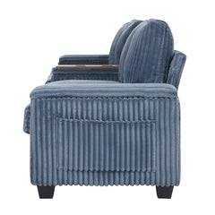 Modern 4-Seater Corduroy Sofa Couch with USB Ports, Hidden Storage, Flip-Top Cup Holders, Blue, 133'