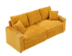 80-inch two-in-one pull-out sofa, foldable and hidden reclining function, corduroy fabric, equipped with cup holder and pillow, easily adaptable to living room space, orange
