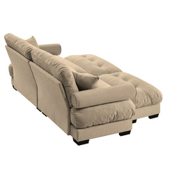 Modern Camel Velvet Two-Seater Sofa with Ottoman and Round Bolster Armrests