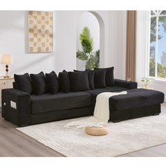 [NEW ARRIVED] [VIDEO PROVIDED] 110.75' Modular L Shaped Sofa, Corduroy Fabric Sectional Couch,With a movable footstool, Cup Holders,Bring 8 throw pillows,Side Pocket,Unfold into a Bed,Black