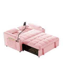 1 versatile foldable sofa bed in 3 lengths, modern sofa sofa sofa velvet pull-out bed, adjustable back and with USB port and ashtray and swivel phone stand (pink)