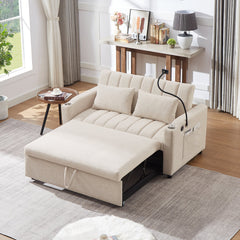 Convertible Sofa Bed Loveseat with USB Ports, Side Pockets, Cup Holders, Swivel Phone Holder, Beige, Bella Fabric