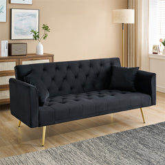 71-inch foldable double sofa, with American retro style, made of black velvet material, suitable for small living rooms, bedrooms and offices.